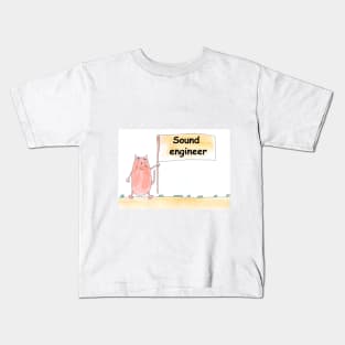 Sound engineer. Profession, work, job. Cat shows a banner with the inscription. Watercolor illustration. A gift for a professional. Kids T-Shirt